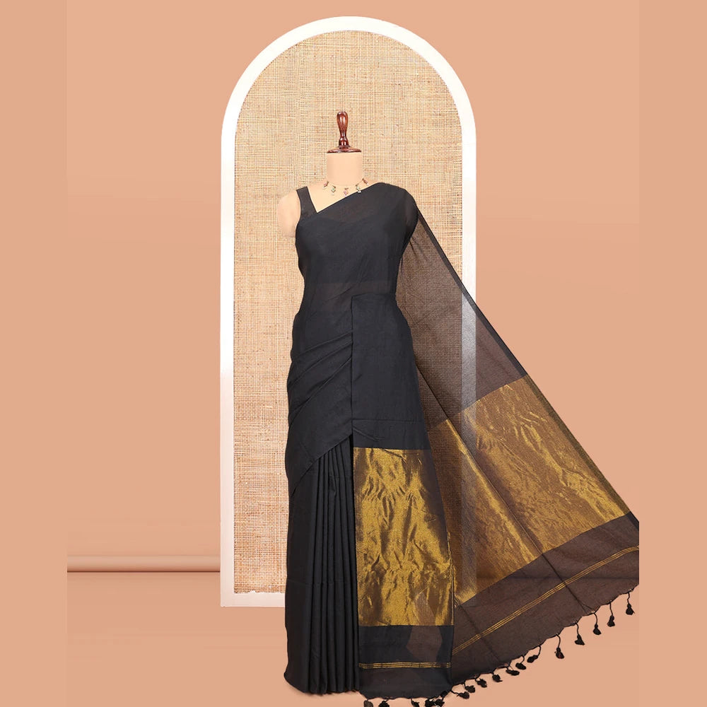 Pothys Borderless Black Plain Khadi Cotton Saree