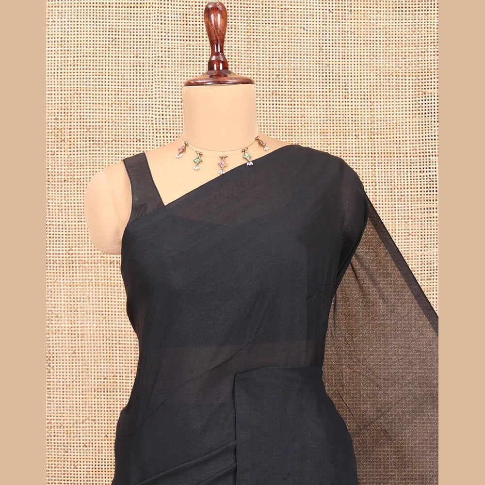 Pothys Borderless Black Plain Khadi Cotton Saree