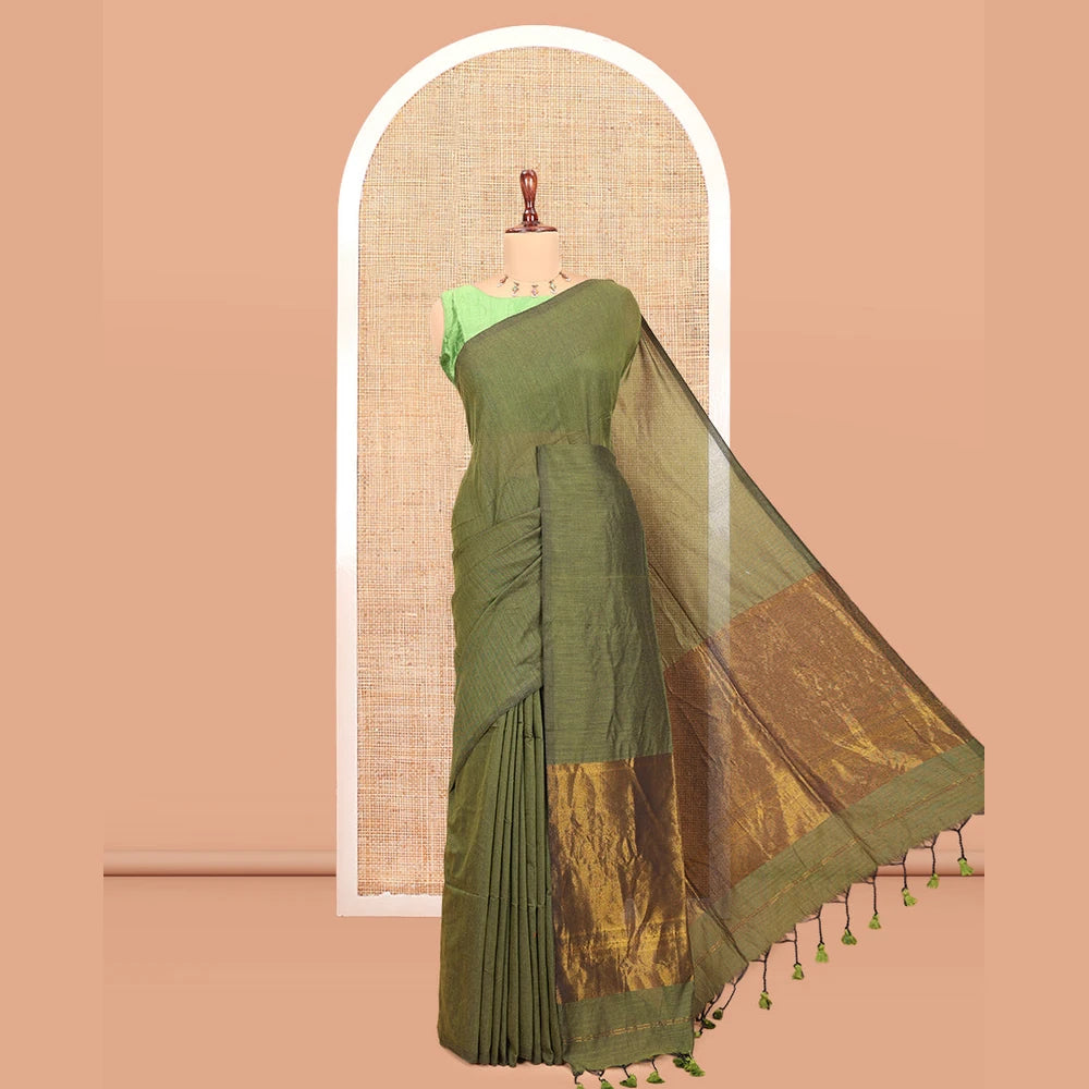Pothys Borderless Green Plain Khadi Cotton Saree