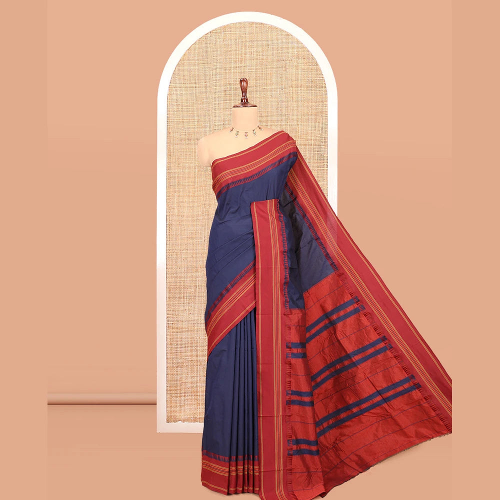 Pothys Navy Blue Blue-Maroon Plain Mercerised Cotton Saree