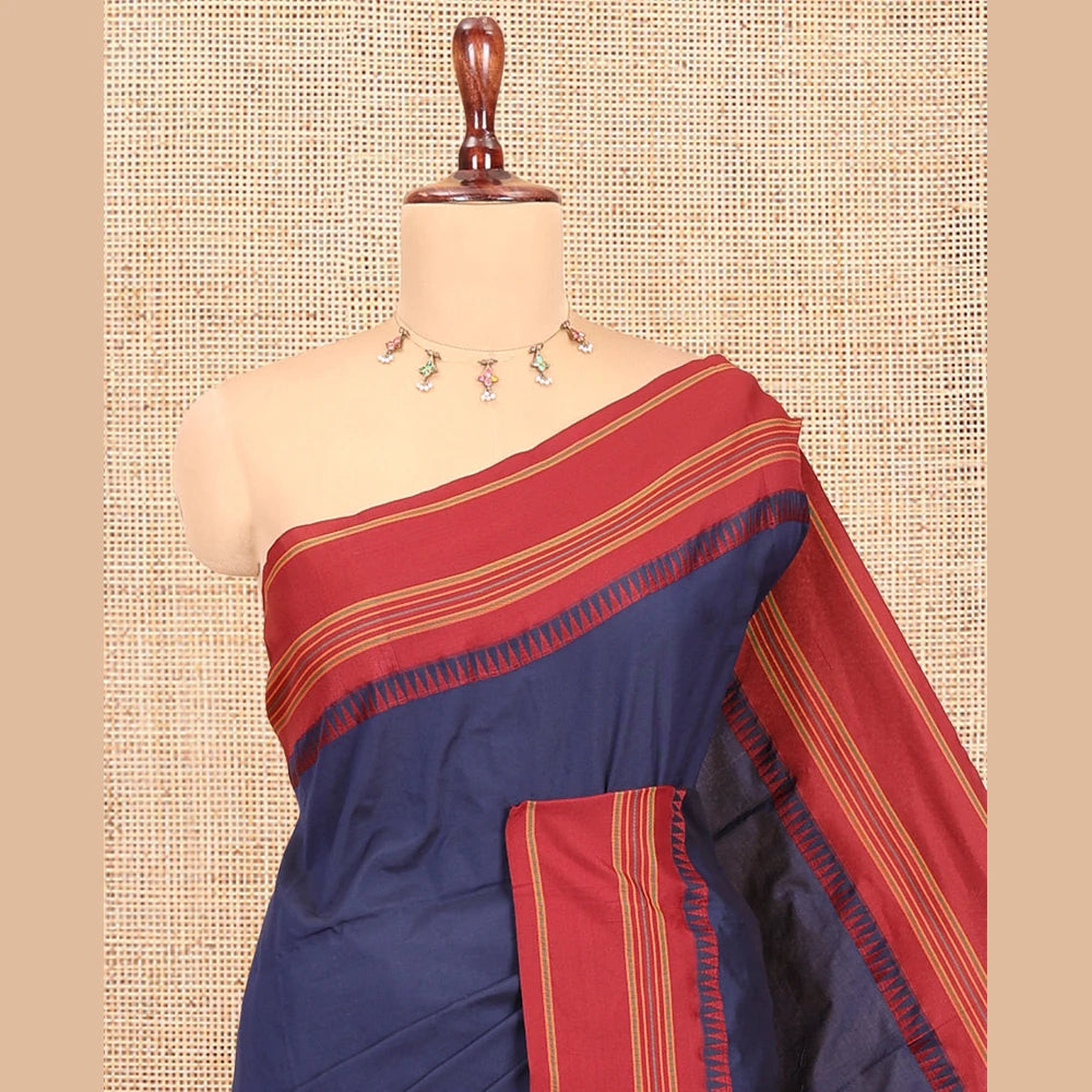 Pothys Navy Blue Blue-Maroon Plain Mercerised Cotton Saree
