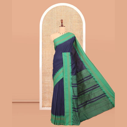 Pothys Navy Blue Blue-Green Plain Mercerised Cotton Saree