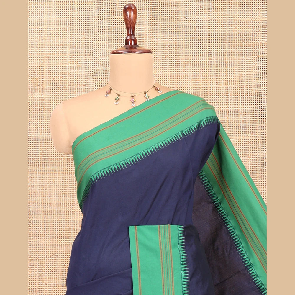 Pothys Navy Blue Blue-Green Plain Mercerised Cotton Saree