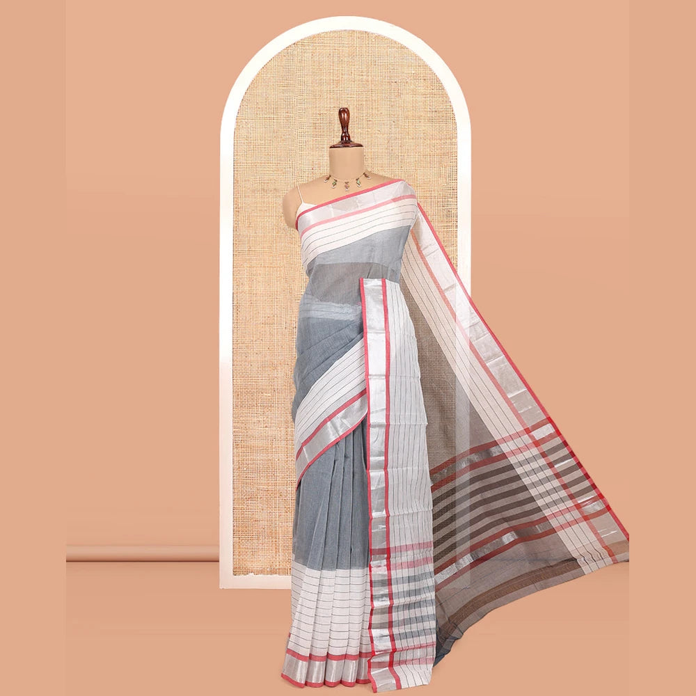 Pothys Grey Plain Handloom Mercerised Cotton Saree