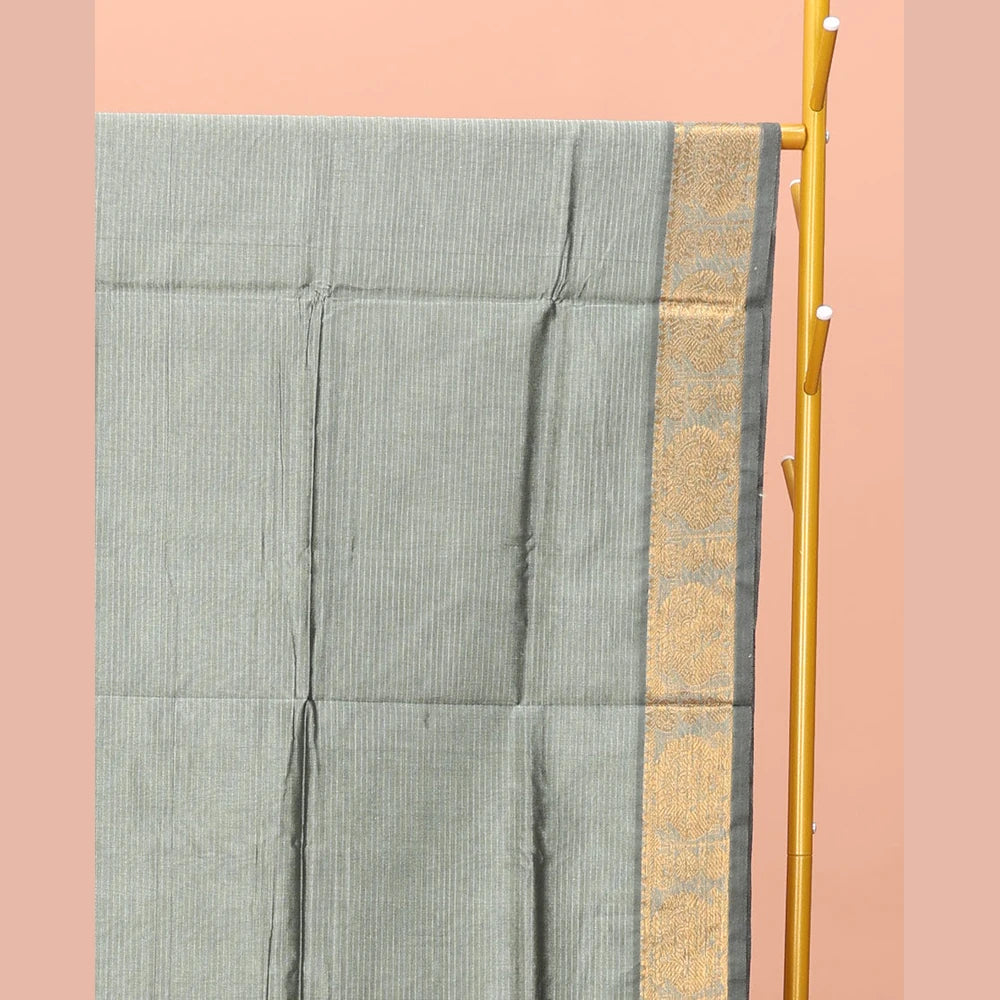 Pothys Grey Striped Poly Cotton Saree