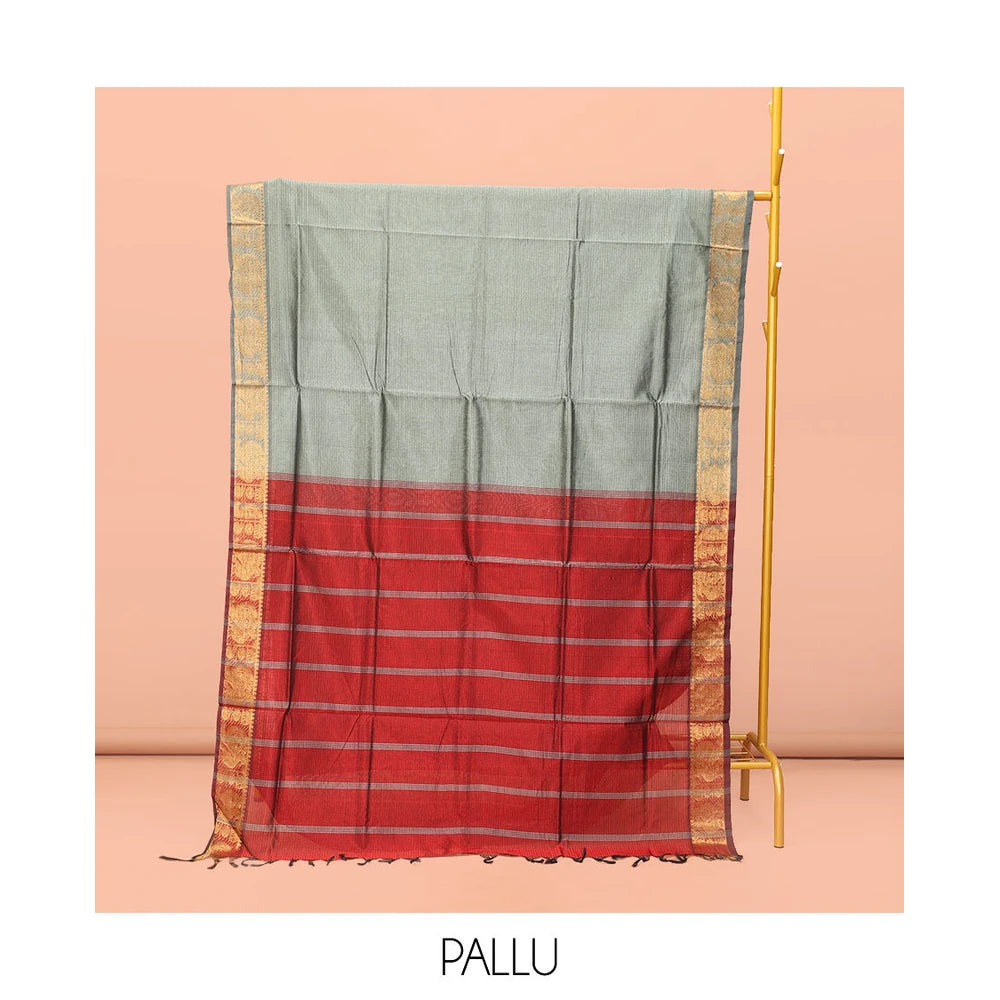Pothys Grey Striped Poly Cotton Saree