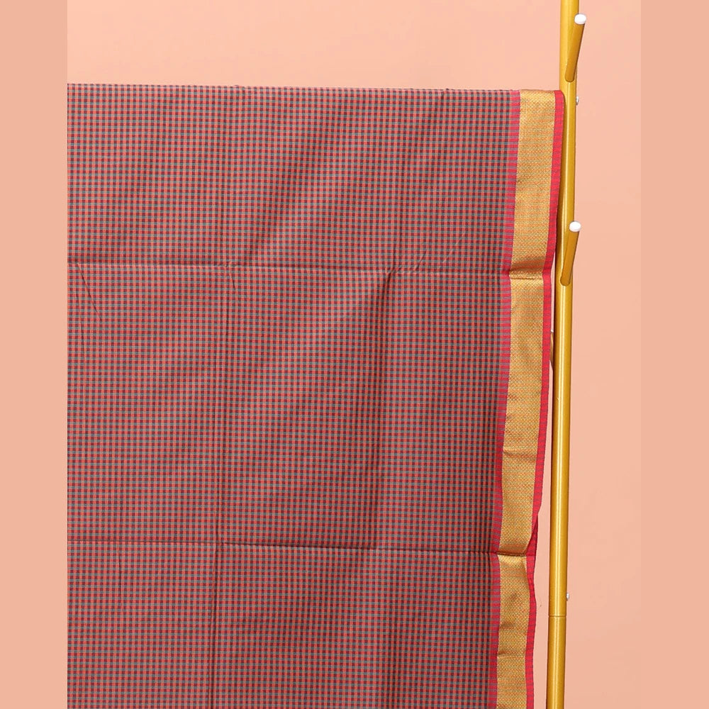 Pothys Brown Micro-Checked Design Poly Cotton Saree