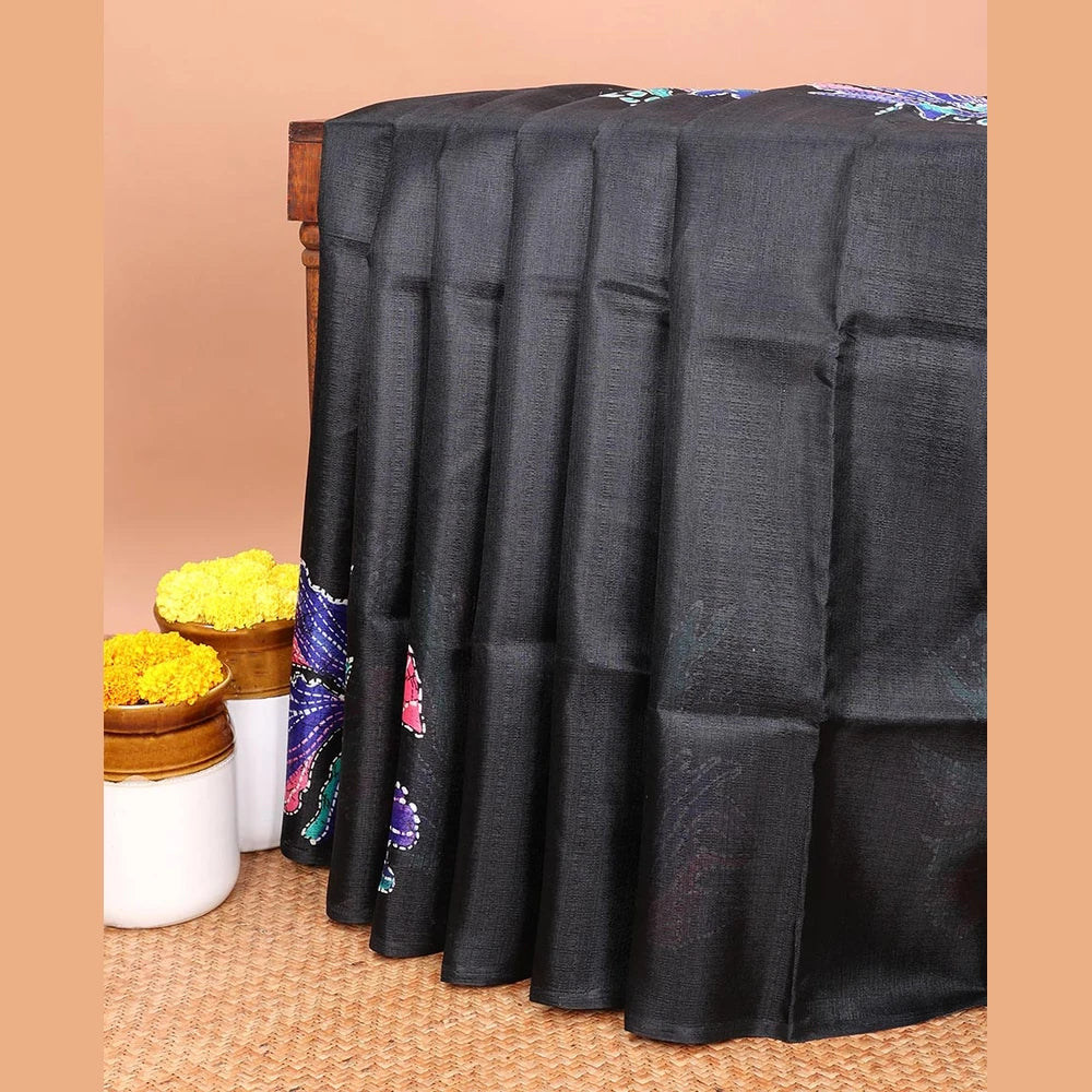 Pothys Borderless black printed orchid design semi khadhi saree with printed self, tussels pallu & all over dotted blouse