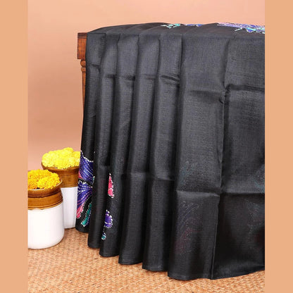 Pothys Borderless black printed orchid design semi khadhi saree with printed self, tussels pallu & all over dotted blouse
