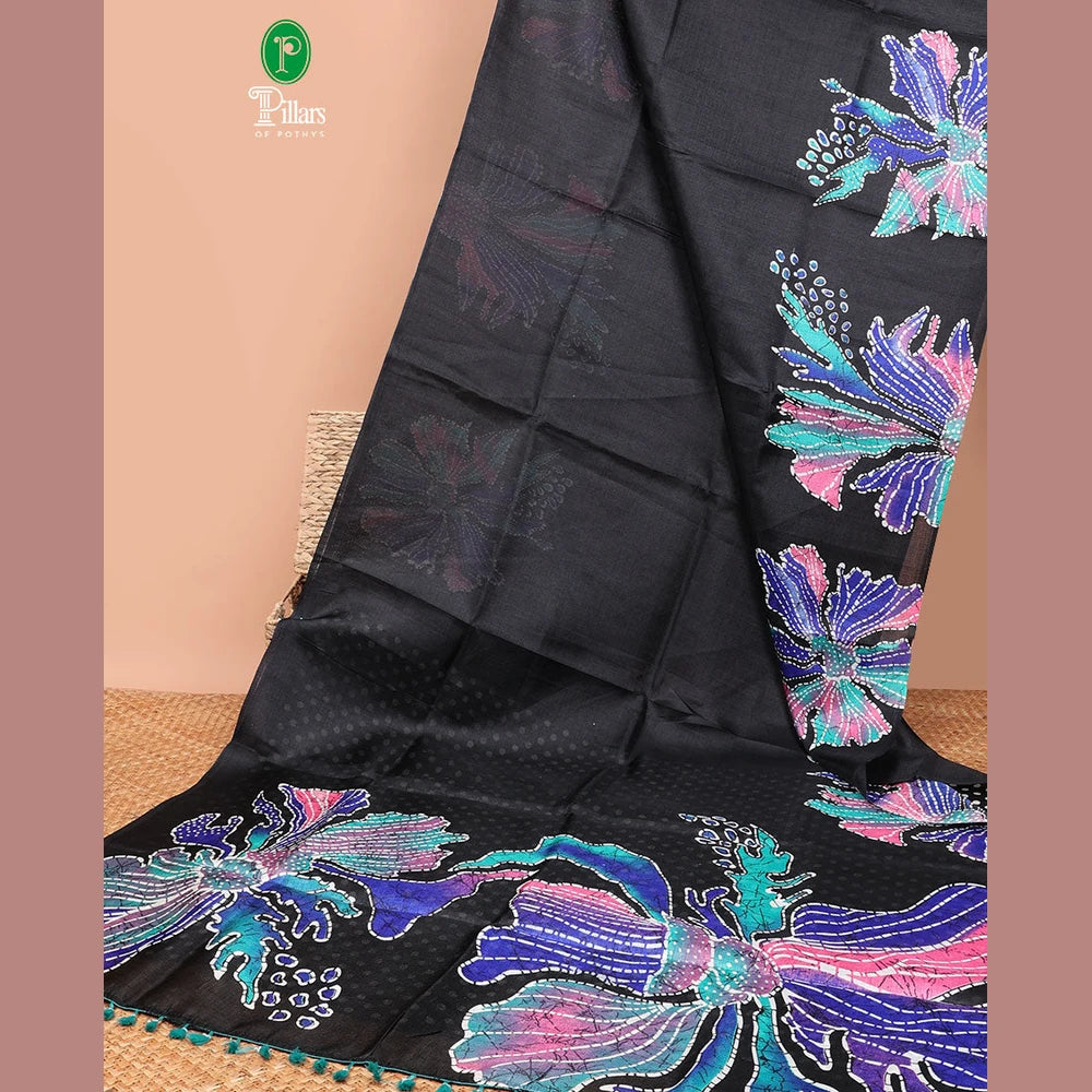 Pothys Borderless black printed orchid design semi khadhi saree with printed self, tussels pallu & all over dotted blouse