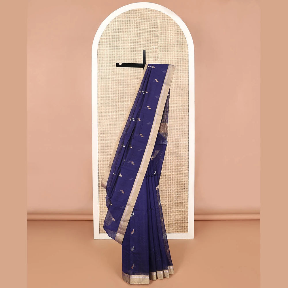 Pothys Dark blue leaf design chanderi cotton saree with contrast zari border & lotus design, striped pallu