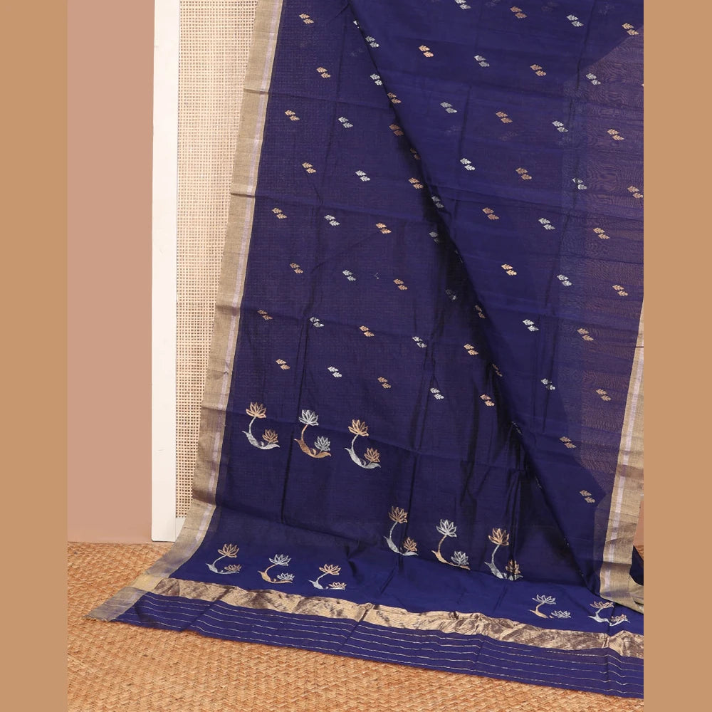 Pothys Dark blue leaf design chanderi cotton saree with contrast zari border & lotus design, striped pallu