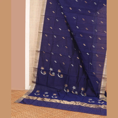 Pothys Dark blue leaf design chanderi cotton saree with contrast zari border & lotus design, striped pallu
