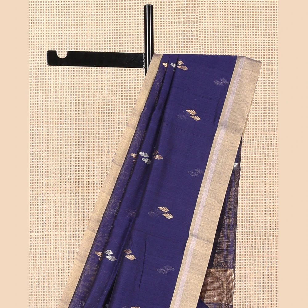 Pothys Dark blue leaf design chanderi cotton saree with contrast zari border & lotus design, striped pallu