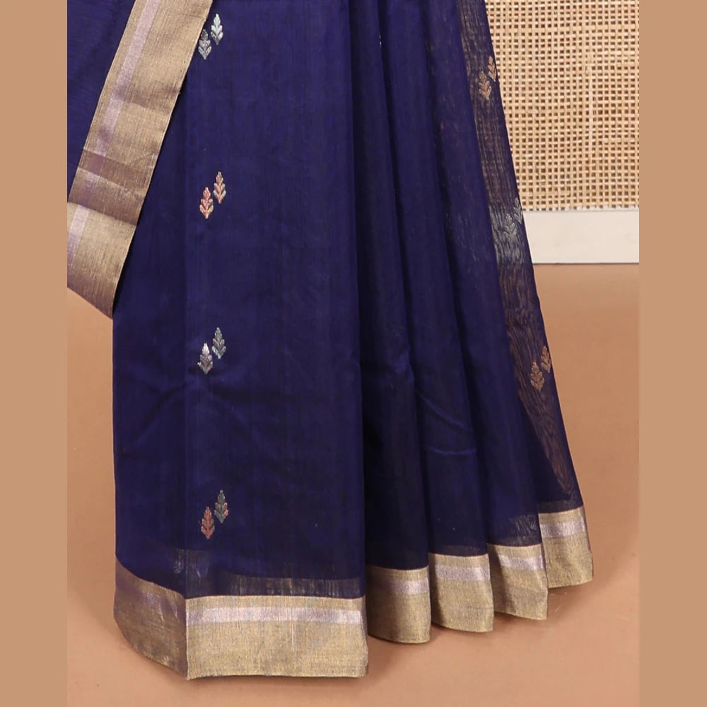 Pothys Dark blue leaf design chanderi cotton saree with contrast zari border & lotus design, striped pallu