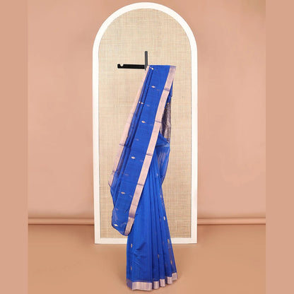 Pothys Blue leaf motifs chanderi cotton saree with contrast zari border & striped pallu
