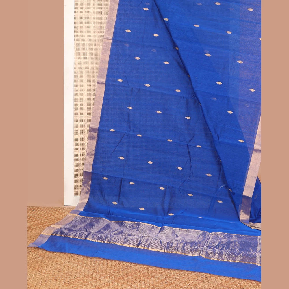 Pothys Blue leaf motifs chanderi cotton saree with contrast zari border & striped pallu