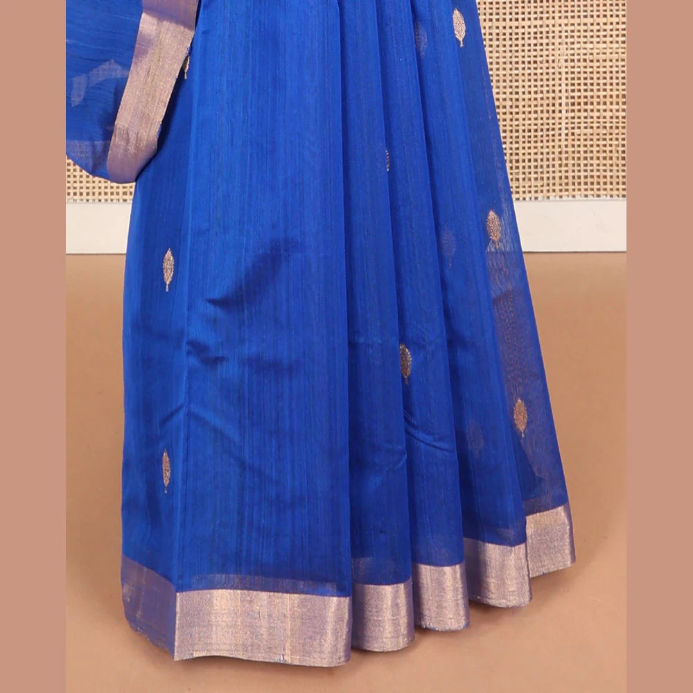 Pothys Blue leaf motifs chanderi cotton saree with contrast zari border & striped pallu