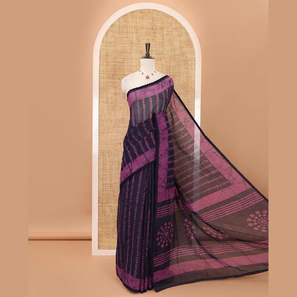 Pothys Navy Blue blue handblock wax batik printed kota check saree, contrast batik print lacework border, batik print pallu & polka dots print blouse