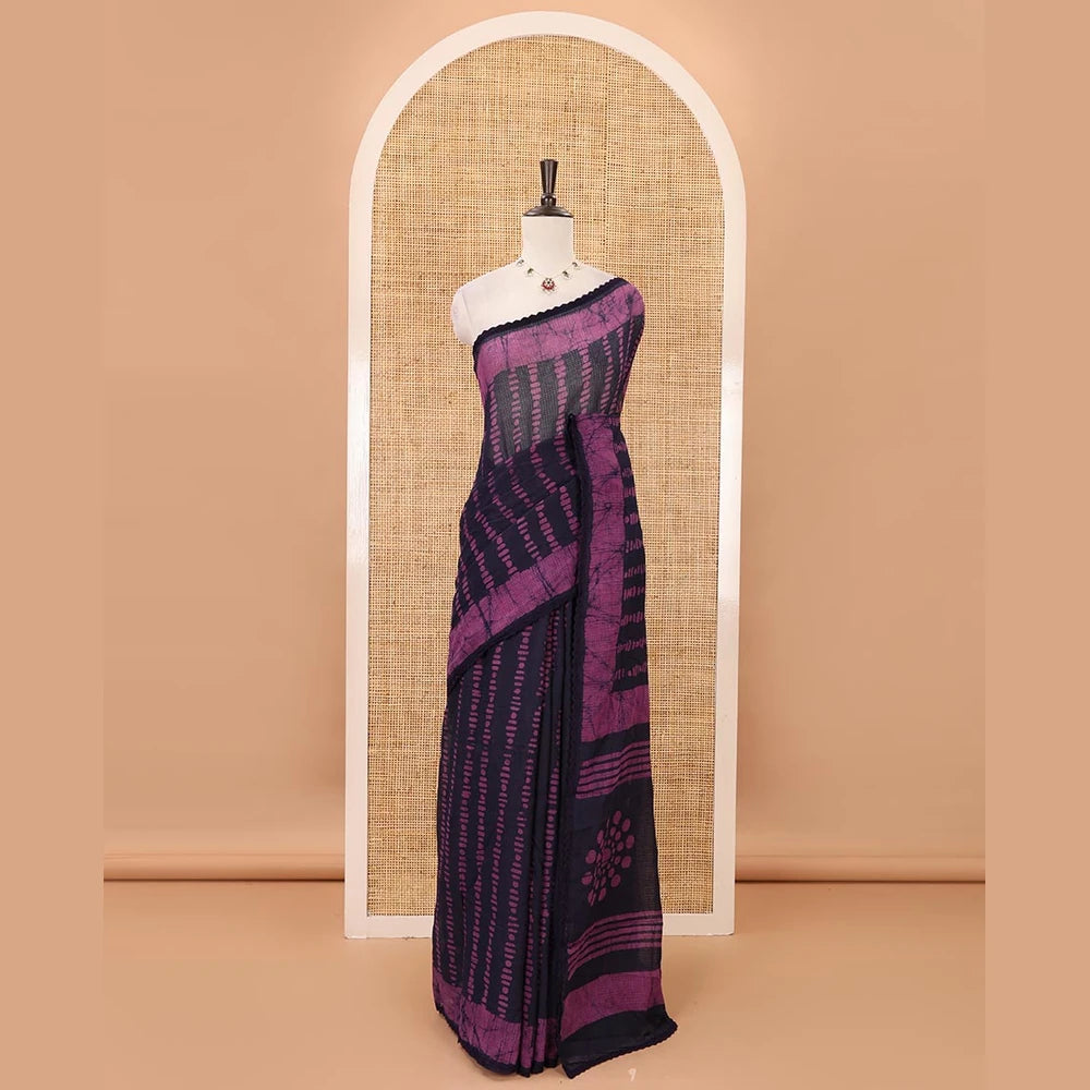 Pothys Navy Blue blue handblock wax batik printed kota check saree, contrast batik print lacework border, batik print pallu & polka dots print blouse
