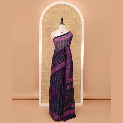 Pothys Navy Blue blue handblock wax batik printed kota check saree, contrast batik print lacework border, batik print pallu & polka dots print blouse