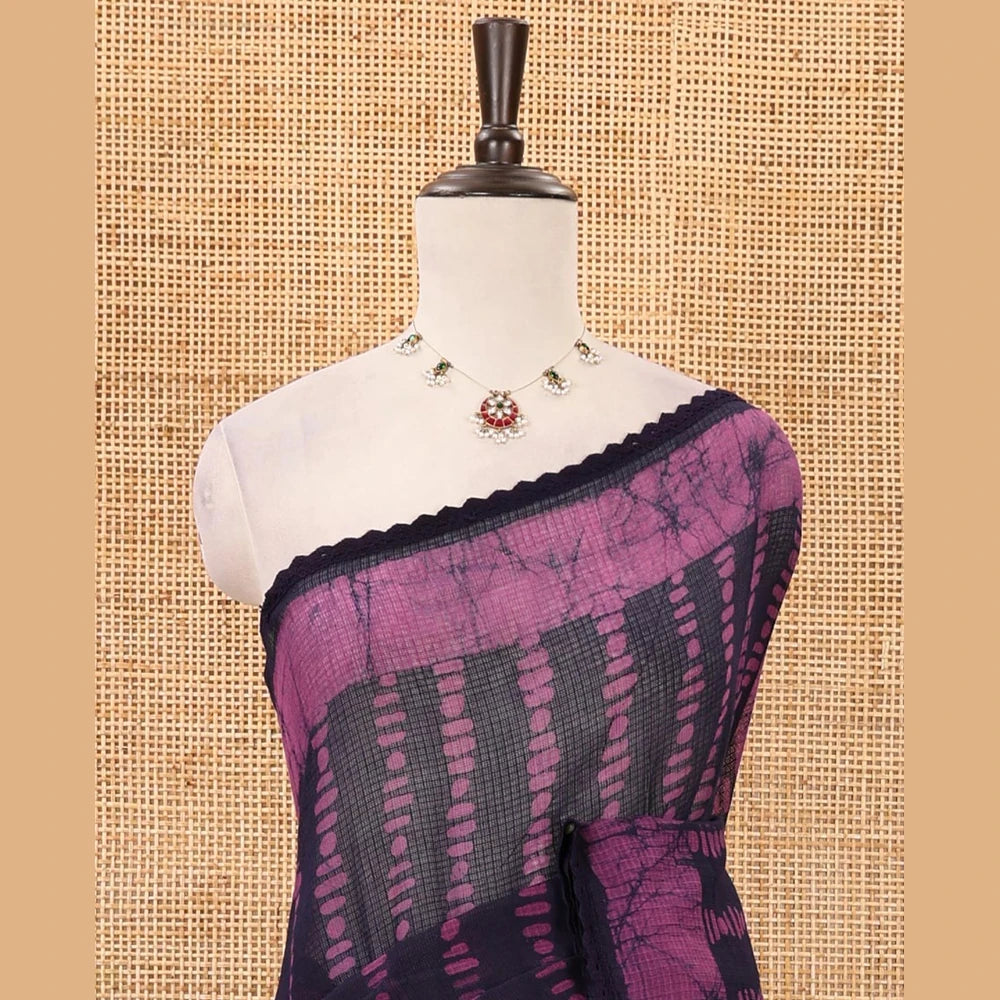 Pothys Navy Blue blue handblock wax batik printed kota check saree, contrast batik print lacework border, batik print pallu & polka dots print blouse