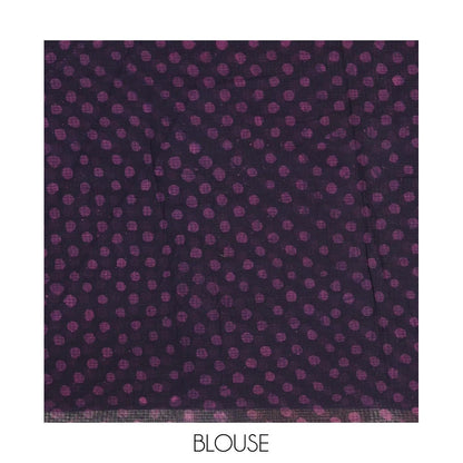 Pothys Navy Blue blue handblock wax batik printed kota check saree, contrast batik print lacework border, batik print pallu & polka dots print blouse