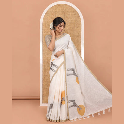 Pothys White plain & giraffe motifs printed linen cotton saree, zari piping border, giraffe printed pallu & vertical striped blouse
