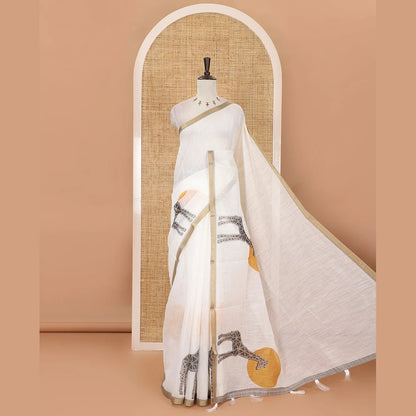 Pothys White plain & giraffe motifs printed linen cotton saree, zari piping border, giraffe printed pallu & vertical striped blouse