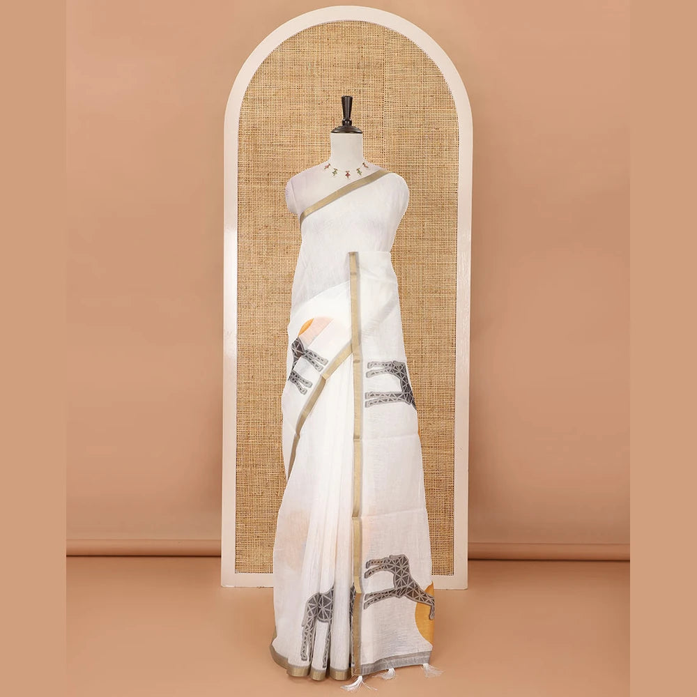 Pothys White plain & giraffe motifs printed linen cotton saree, zari piping border, giraffe printed pallu & vertical striped blouse