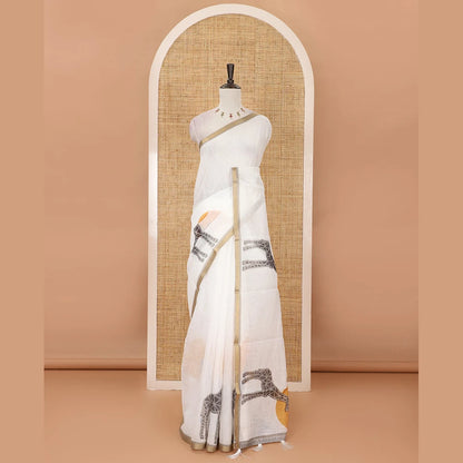 Pothys White plain & giraffe motifs printed linen cotton saree, zari piping border, giraffe printed pallu & vertical striped blouse