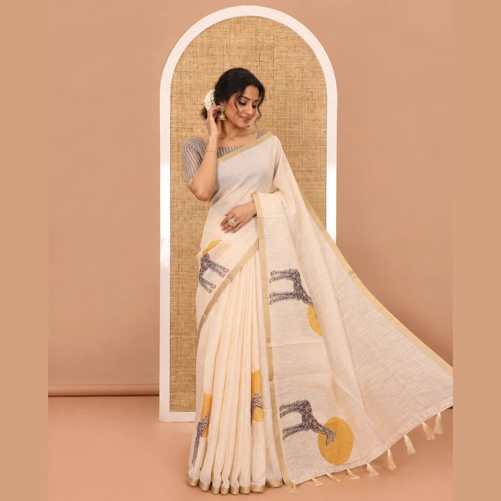 Pothys Cream plain & giraffe motifs printed linen cotton saree, zari piping border, giraffe printed pallu & vertical striped blouse