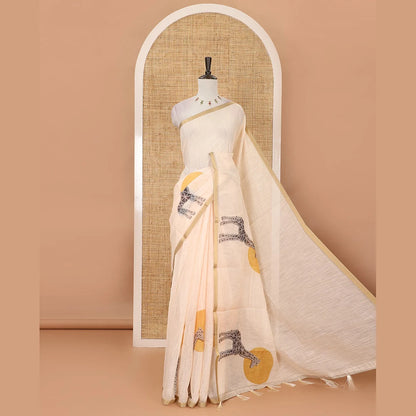 Pothys Cream plain & giraffe motifs printed linen cotton saree, zari piping border, giraffe printed pallu & vertical striped blouse