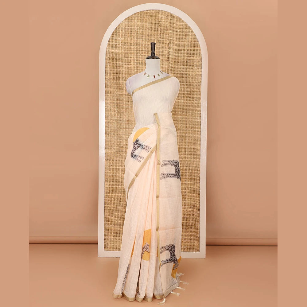 Pothys Cream plain & giraffe motifs printed linen cotton saree, zari piping border, giraffe printed pallu & vertical striped blouse