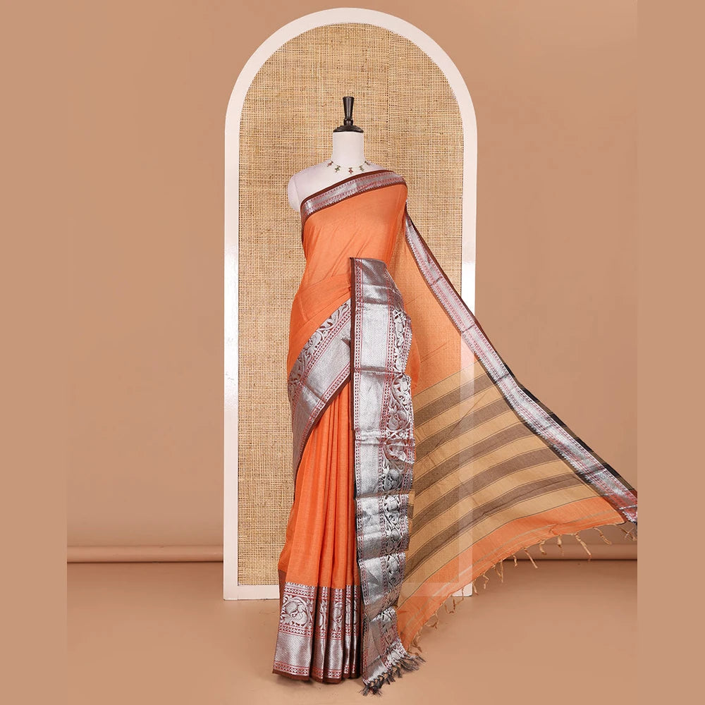 Pothys Orange plain mercerised cotton saree, contrast traditional zari border of elephant and peacock designs, striped pallu, and plain blouse