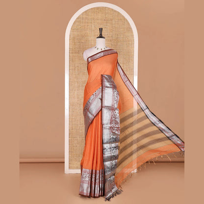 Pothys Orange plain mercerised cotton saree, contrast traditional zari border of elephant and peacock designs, striped pallu, and plain blouse