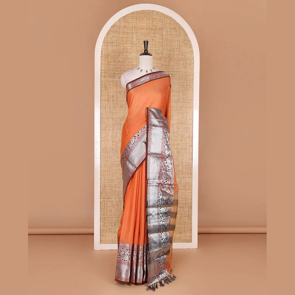 Pothys Orange plain mercerised cotton saree, contrast traditional zari border of elephant and peacock designs, striped pallu, and plain blouse