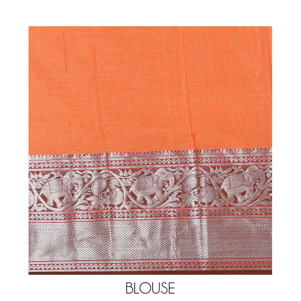 Pothys Orange plain mercerised cotton saree, contrast traditional zari border of elephant and peacock designs, striped pallu, and plain blouse