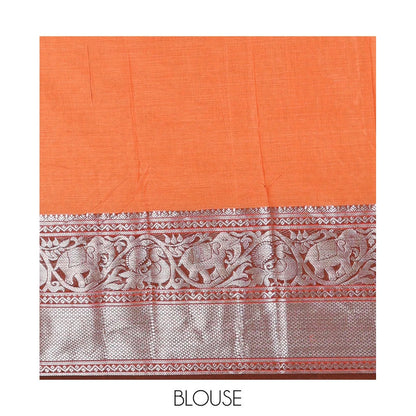 Pothys Orange plain mercerised cotton saree, contrast traditional zari border of elephant and peacock designs, striped pallu, and plain blouse