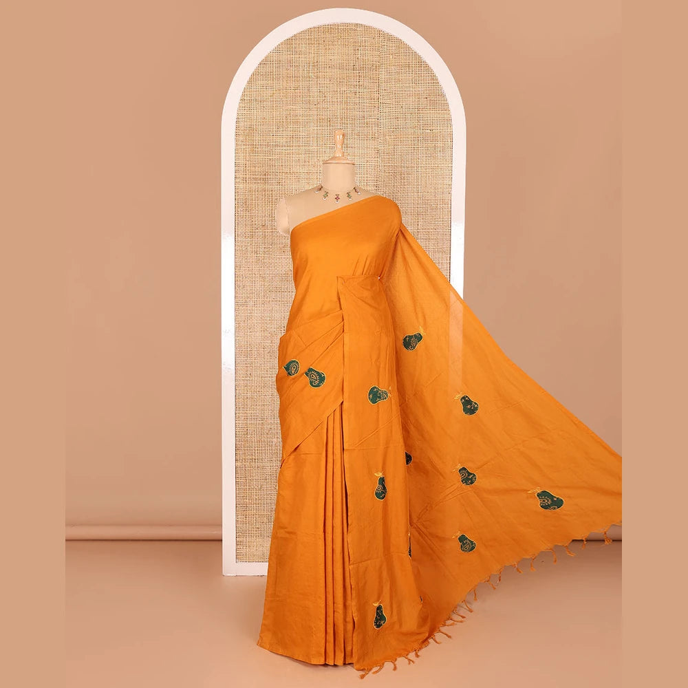 Pothys Borderless mustard pear fruit-shaped patchwork South cotton saree with a matching blouse and a contrast paisley vine printed blouse