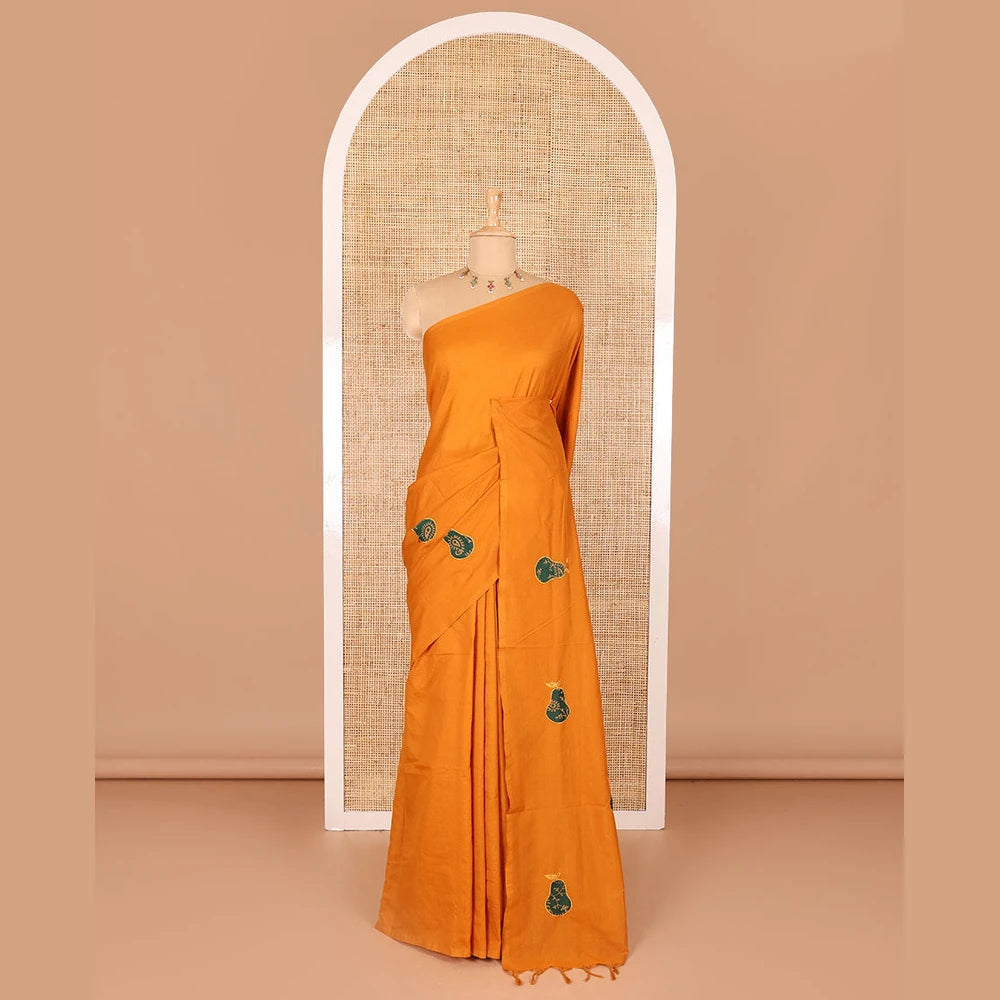 Pothys Borderless mustard pear fruit-shaped patchwork South cotton saree with a matching blouse and a contrast paisley vine printed blouse