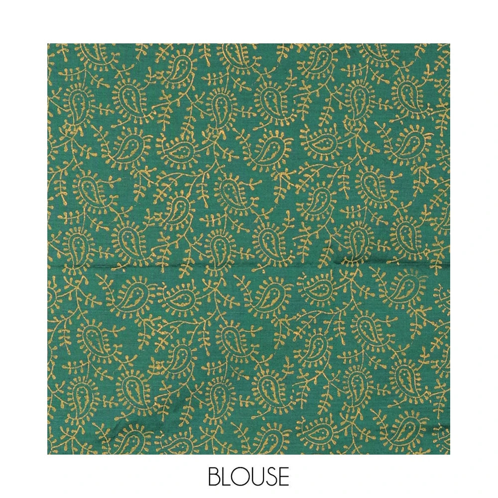 Pothys Borderless mustard pear fruit-shaped patchwork South cotton saree with a matching blouse and a contrast paisley vine printed blouse