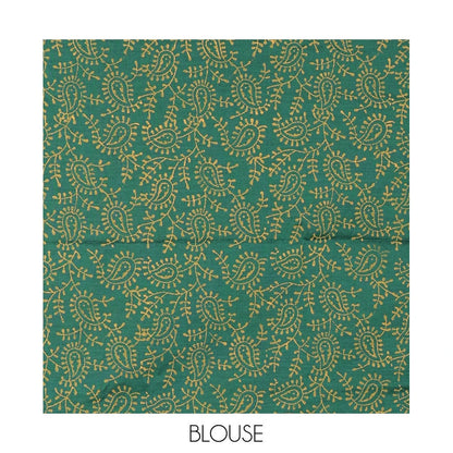 Pothys Borderless mustard pear fruit-shaped patchwork South cotton saree with a matching blouse and a contrast paisley vine printed blouse