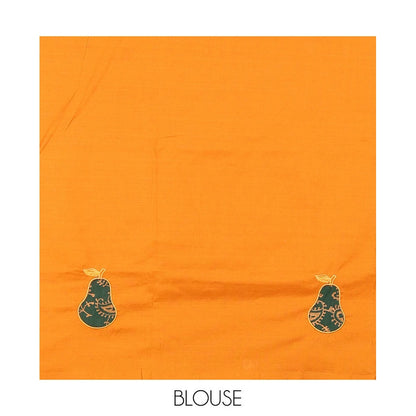 Pothys Borderless mustard pear fruit-shaped patchwork South cotton saree with a matching blouse and a contrast paisley vine printed blouse