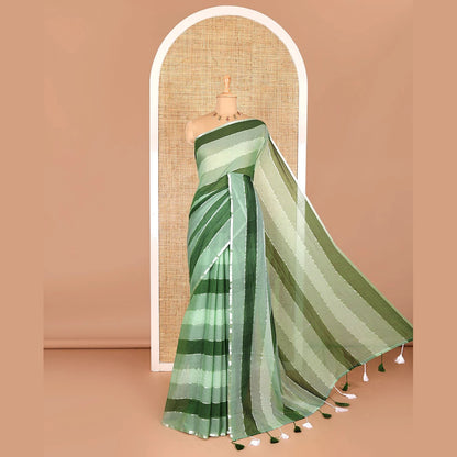 Pothys Green ombre-colored striped khadi mul cotton saree, zari piping border, striped pallu, and a matching striped blouse