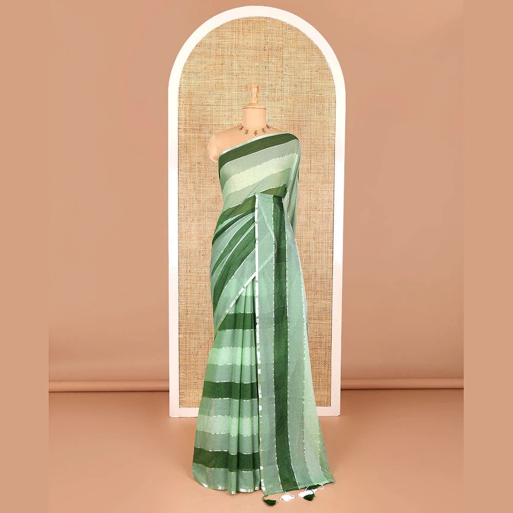 Pothys Green ombre-colored striped khadi mul cotton saree, zari piping border, striped pallu, and a matching striped blouse