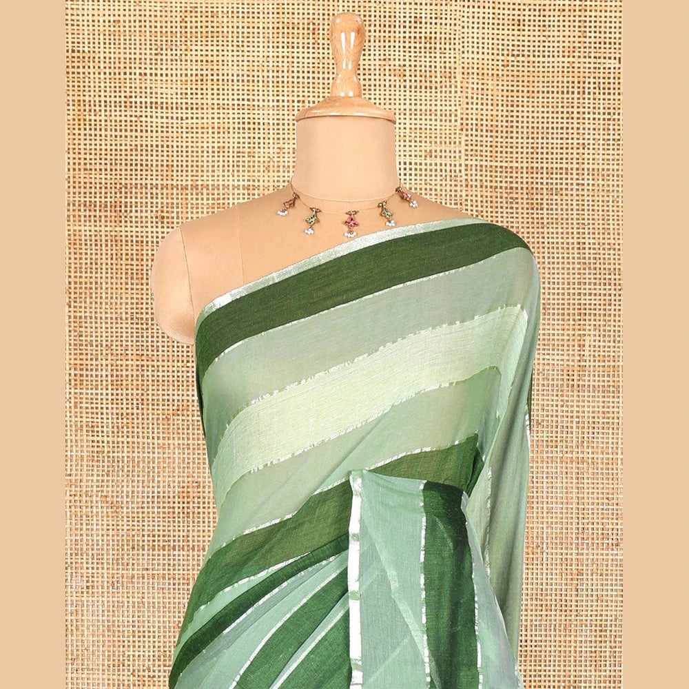 Pothys Green ombre-colored striped khadi mul cotton saree, zari piping border, striped pallu, and a matching striped blouse