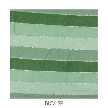 Pothys Green ombre-colored striped khadi mul cotton saree, zari piping border, striped pallu, and a matching striped blouse