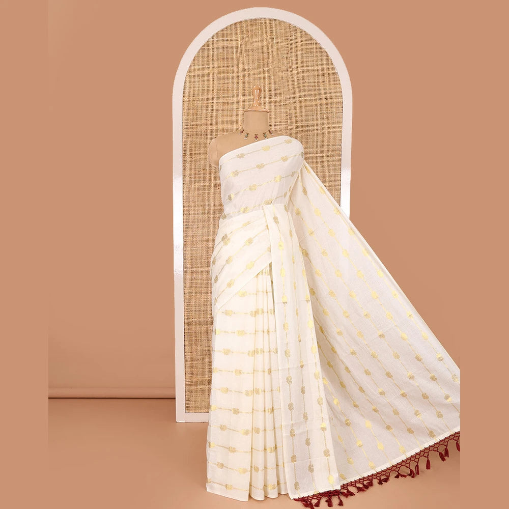 Pothys Borderless cream-maroon peacock and horizontal zari striped Kerala cotton saree, self-pallu with tassels, and a matching blouse