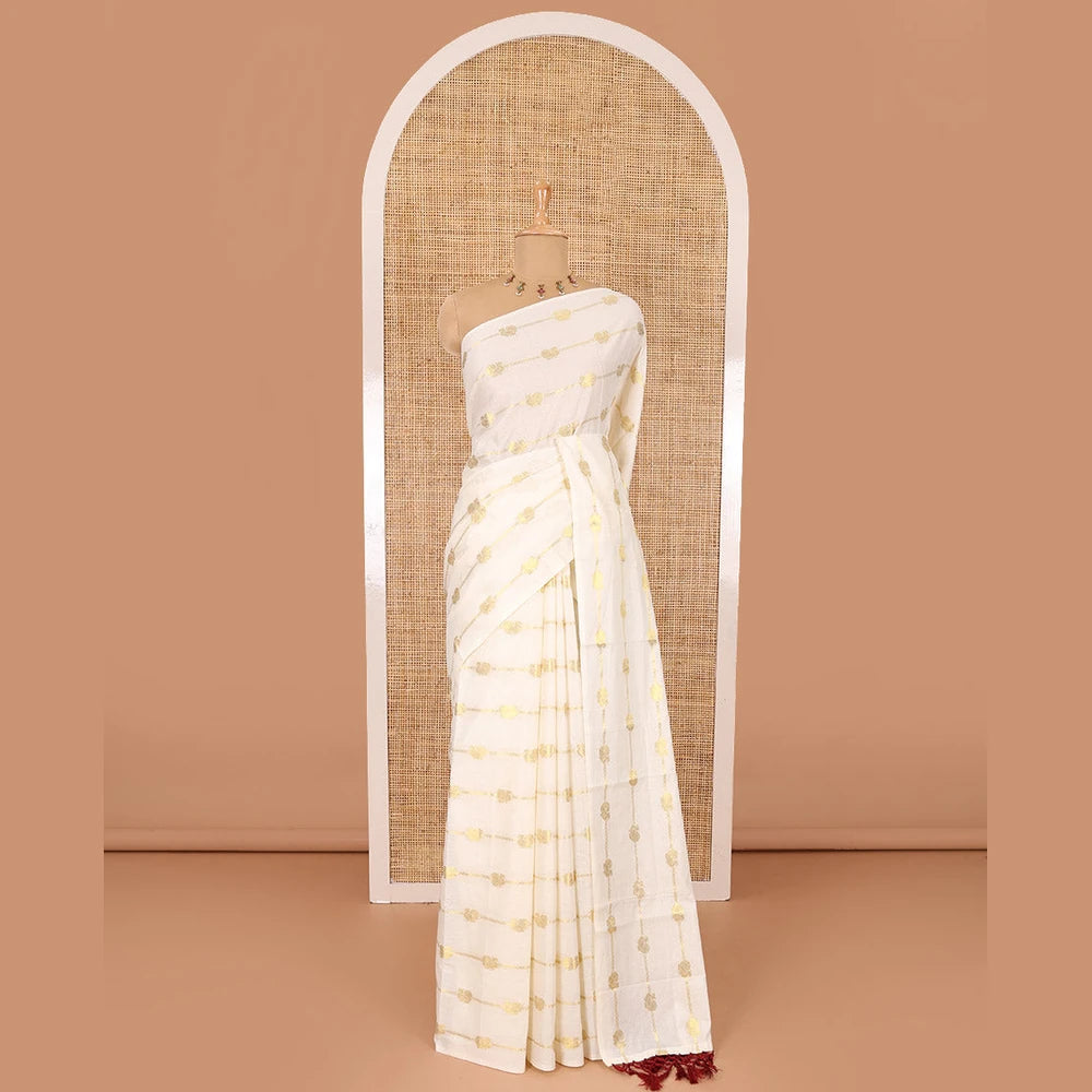 Pothys Borderless cream-maroon peacock and horizontal zari striped Kerala cotton saree, self-pallu with tassels, and a matching blouse